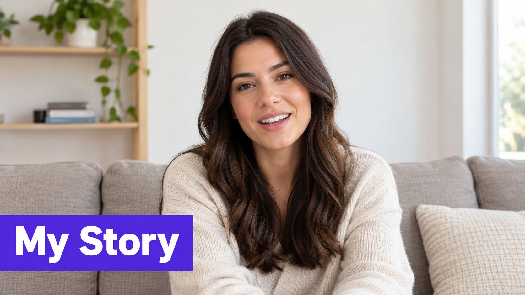 A friendly woman with long brown hair smiling at the camera, overlaid with the text My Story.