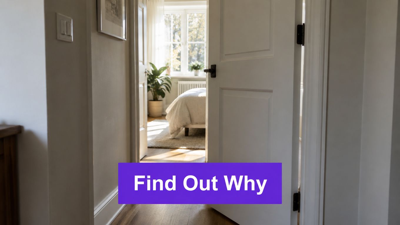 A view through an open white door into a bright, cozy bedroom with a plant and bed.