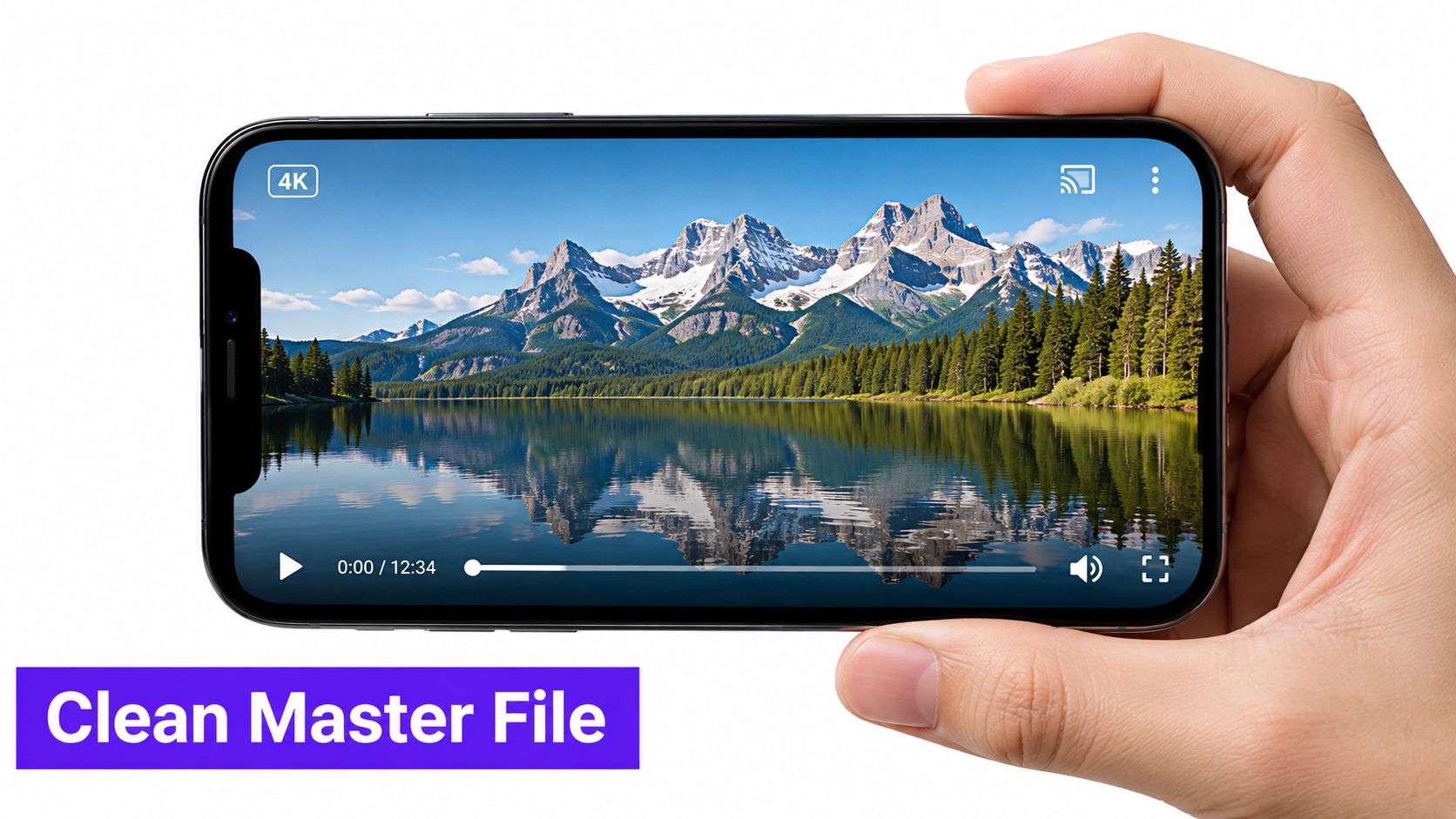 A hand holding a smartphone displaying a 4K landscape video on a media player interface.