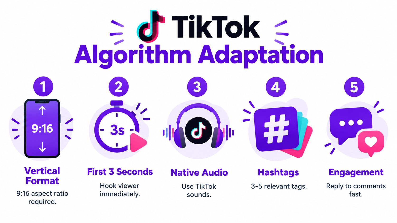 A colorful infographic illustrating five essential tips to adapt content for the TikTok algorithm successfully.