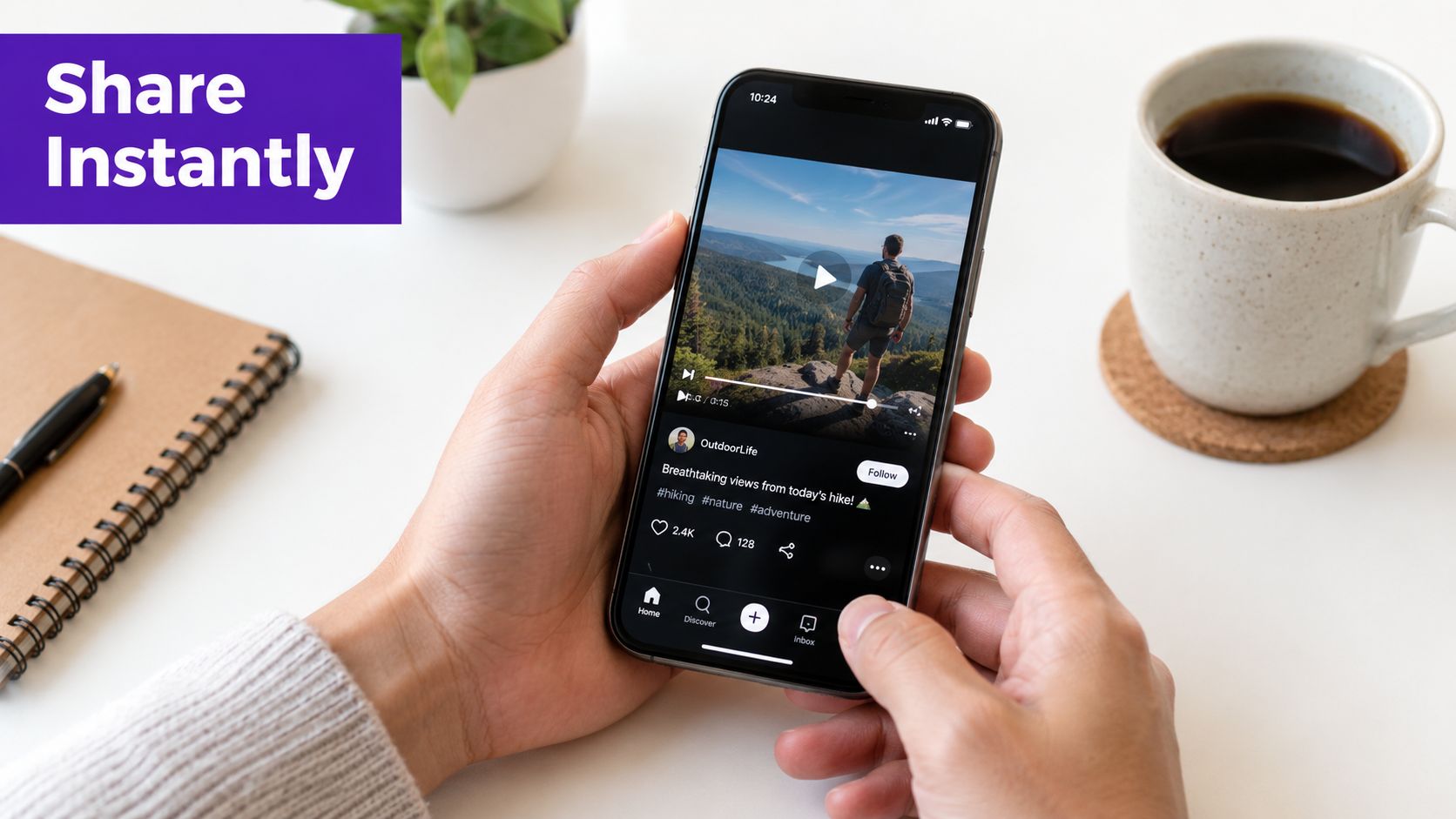 A person holding a smartphone displaying a social media post of a hiker overlooking a landscape.