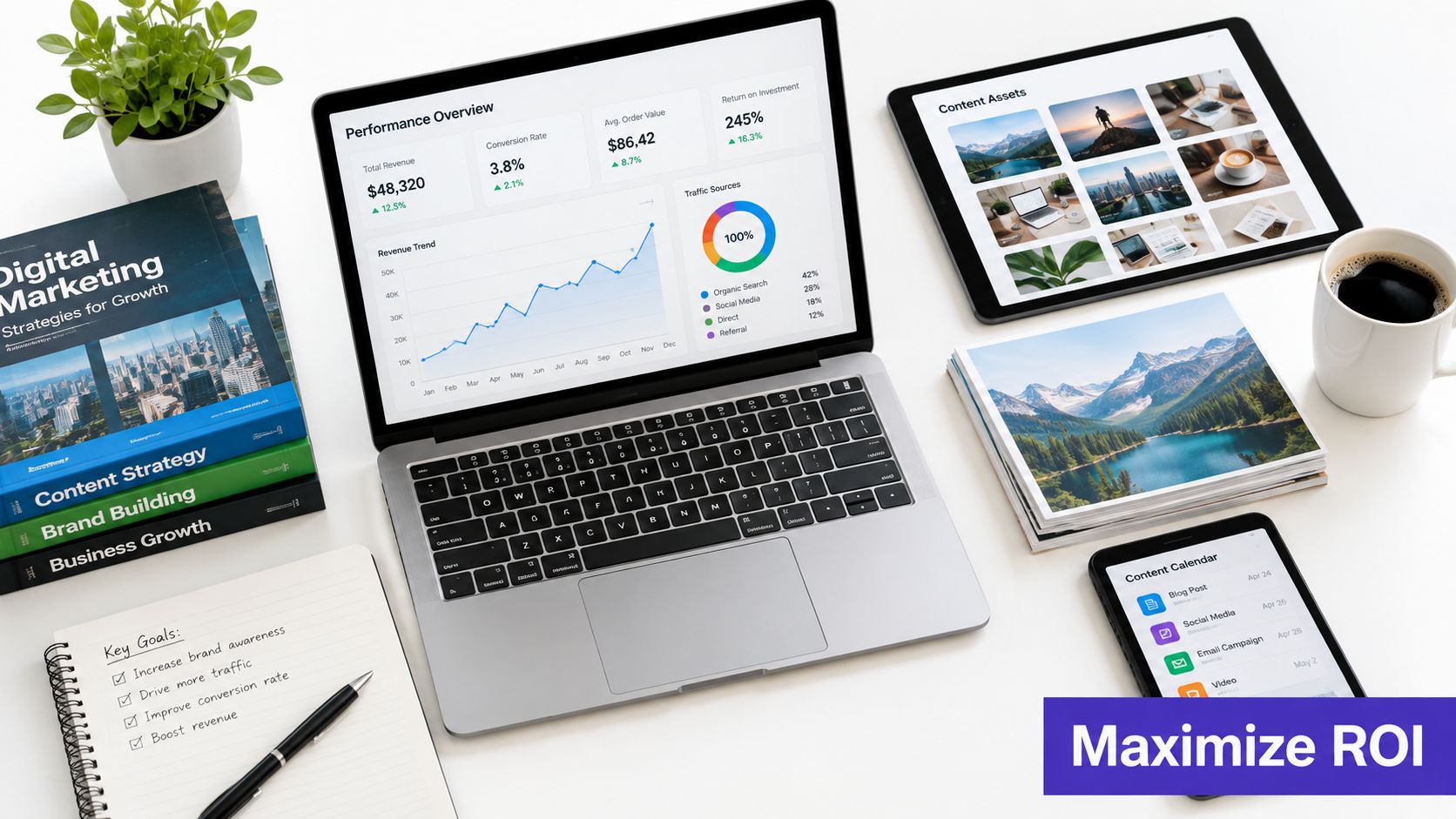 A digital marketing workspace with a laptop displaying analytics, tablets, notebooks, and books on a desk.