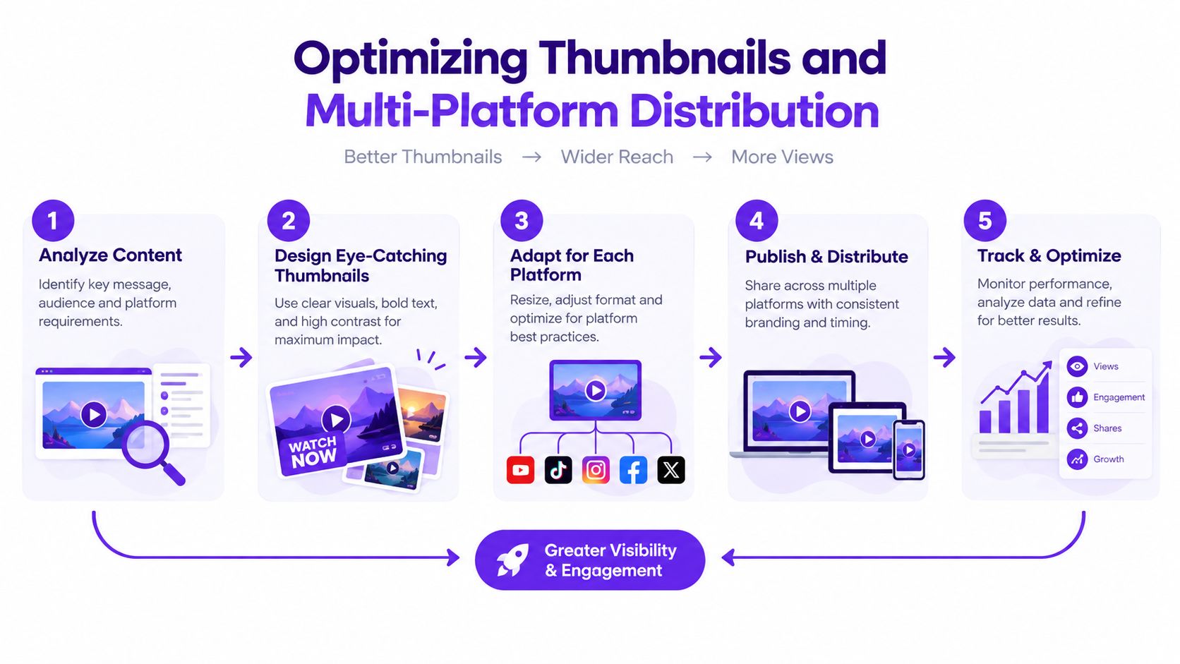 A five-step infographic showing the process of optimizing video thumbnails and distributing content across various platforms.