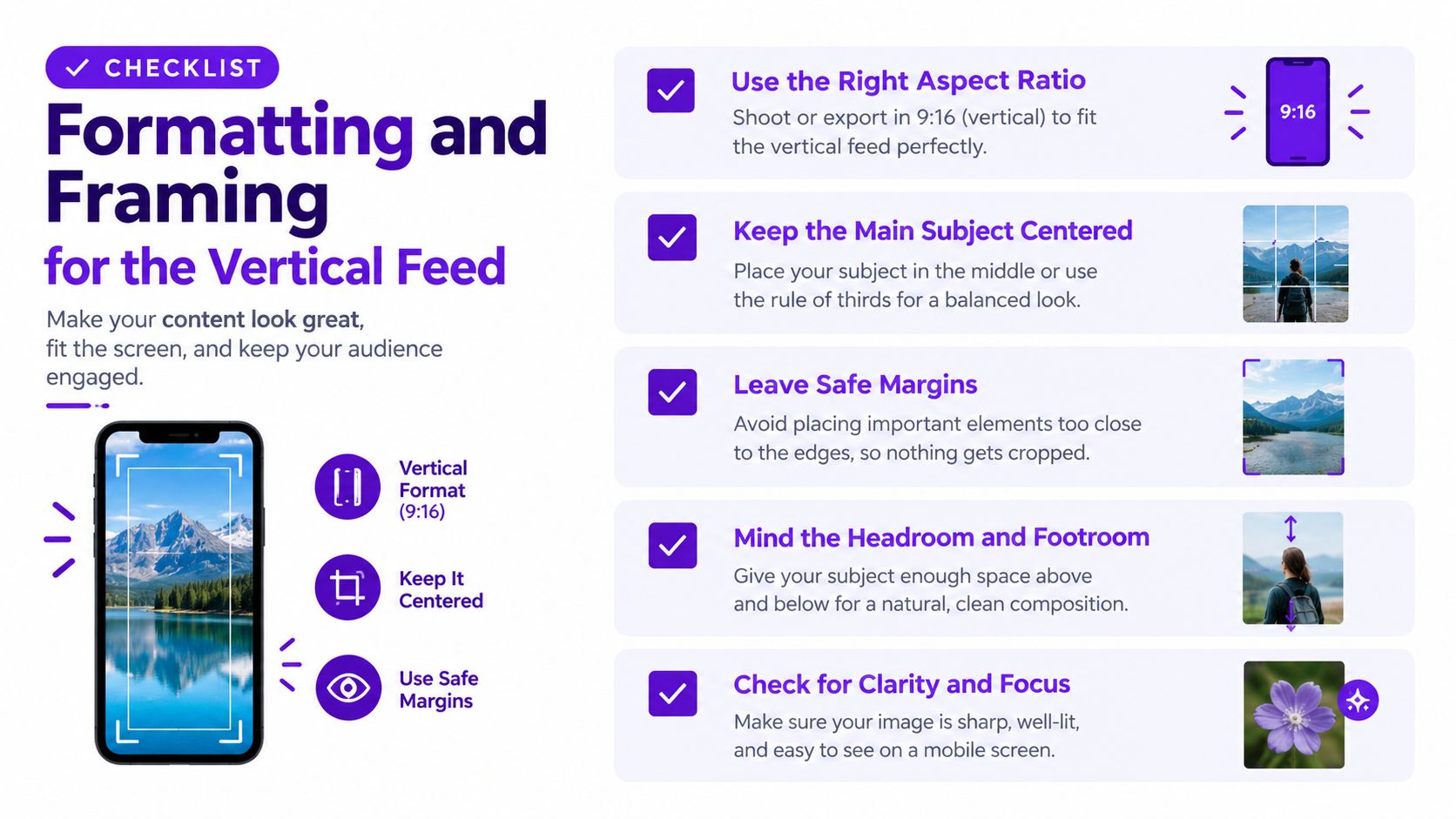 A helpful checklist for formatting and framing vertical video content for mobile social media feeds.