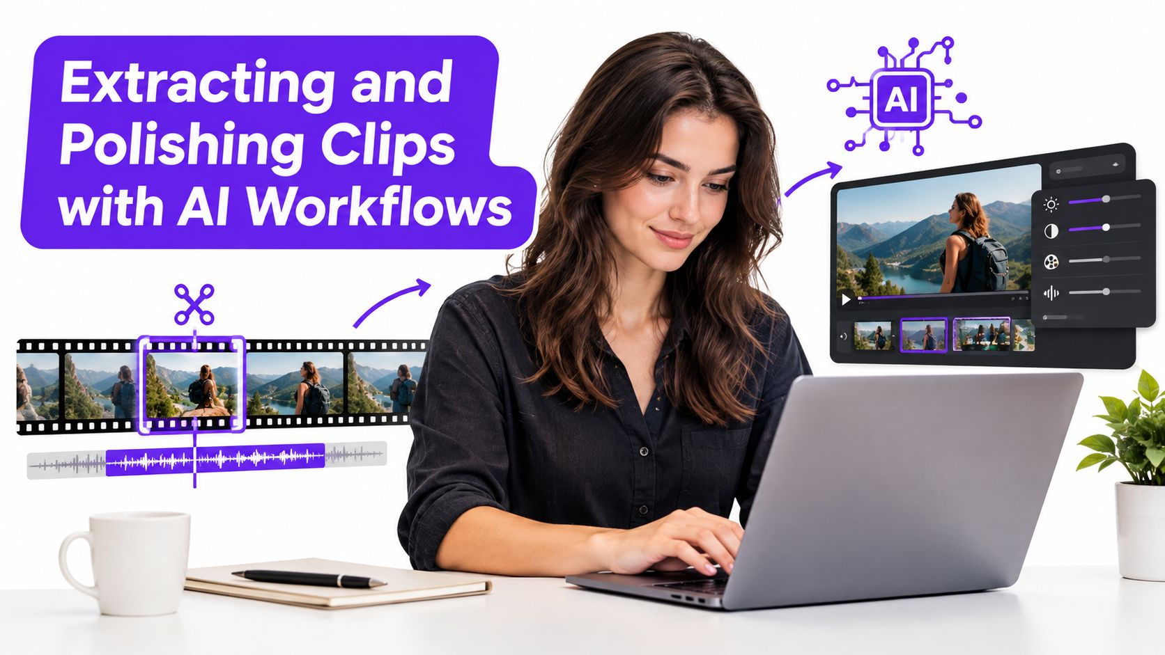 A smiling woman editing video clips on her laptop with the assistance of AI-powered video tools.