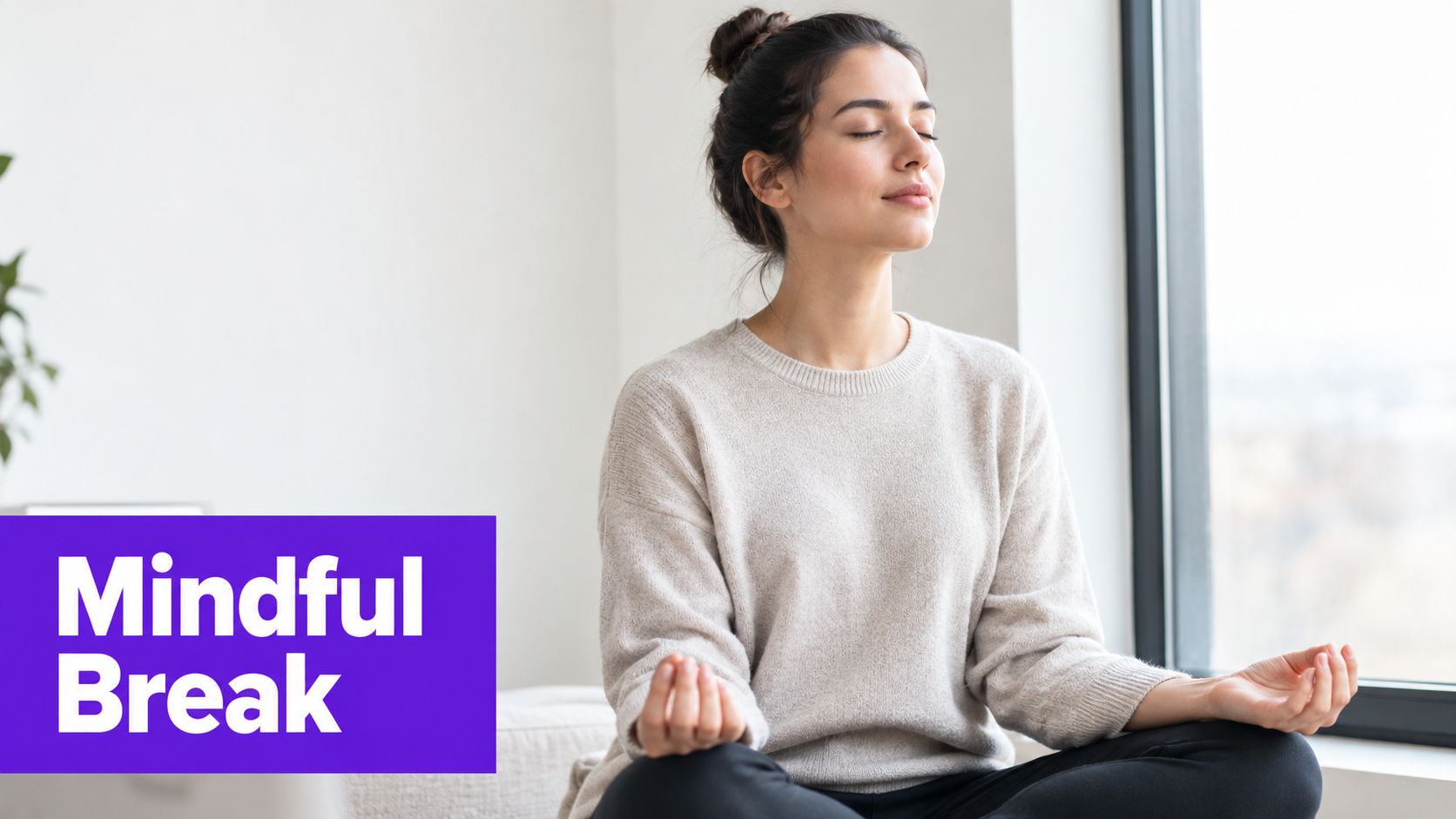 A woman meditating peacefully near a window to practice mindfulness and reduce stress at home.