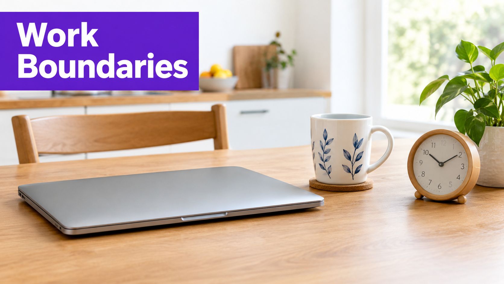 A clean wooden desk with a closed laptop, a mug, and a clock, suggesting professional work-life balance.