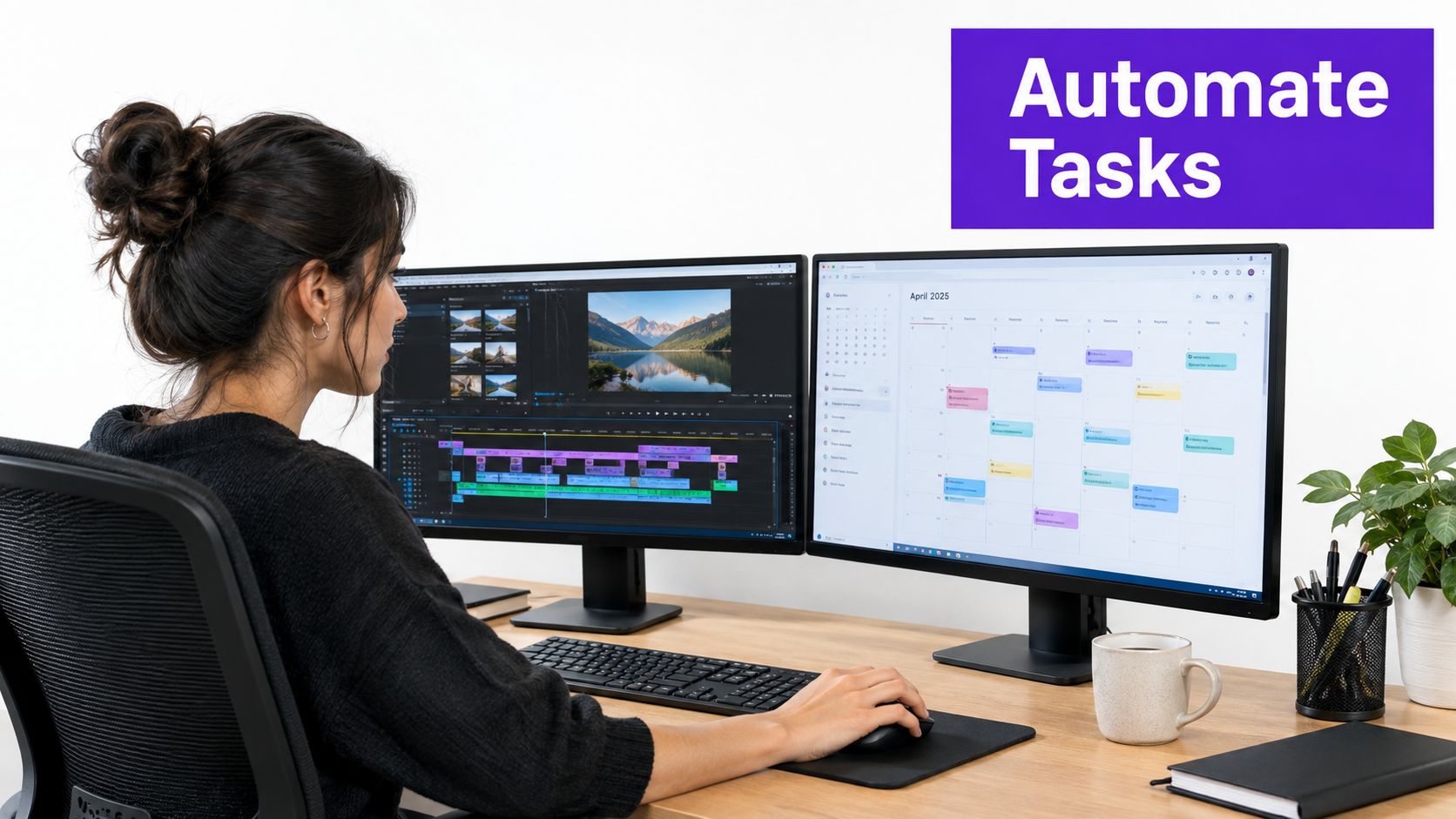 A professional woman working at a dual monitor setup, editing video content and managing a digital calendar.