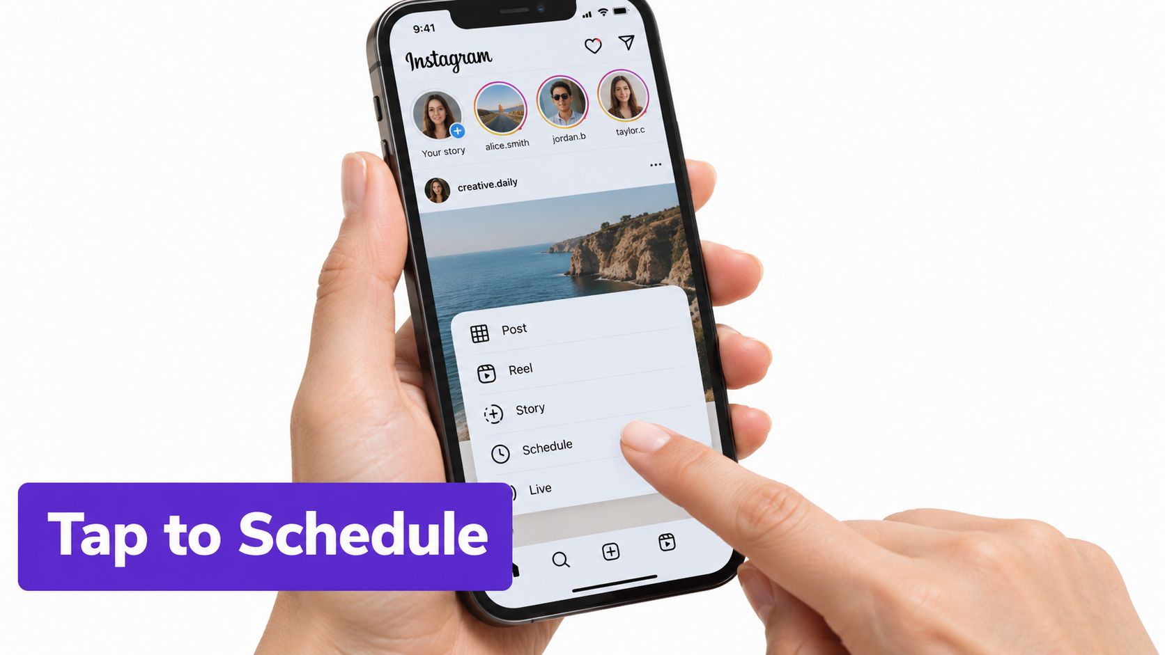 A person tapping on the schedule button on a smartphone displaying an Instagram interface menu.