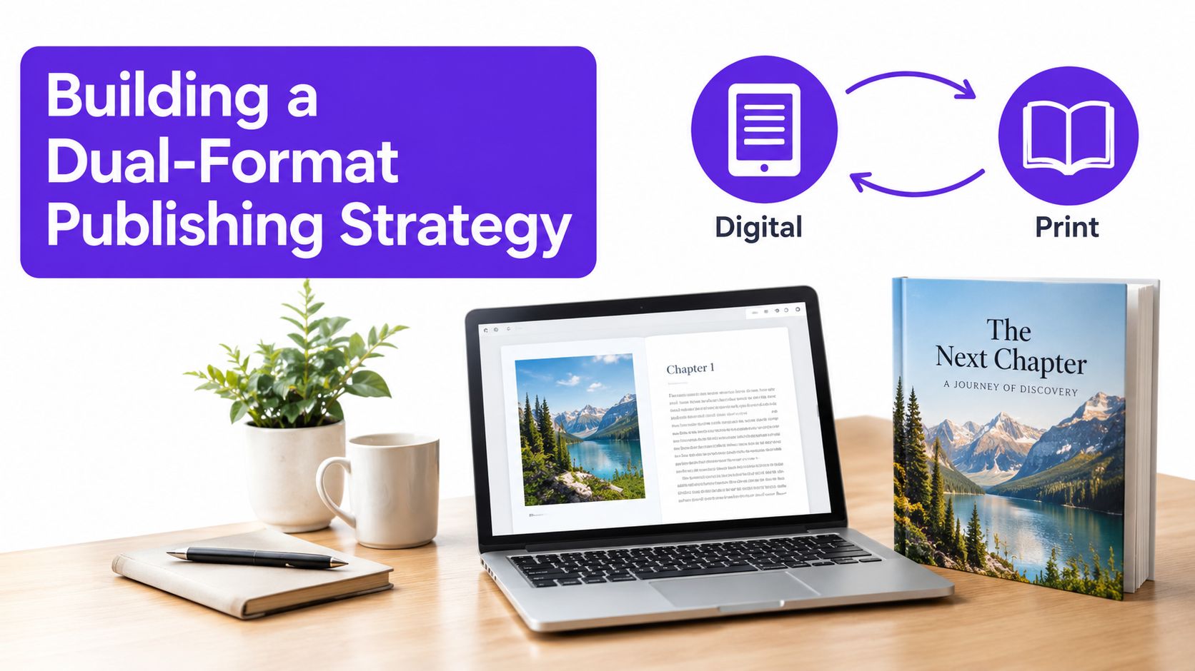 A dual-format publishing strategy concept featuring a digital ebook and a printed book on a wooden desk.