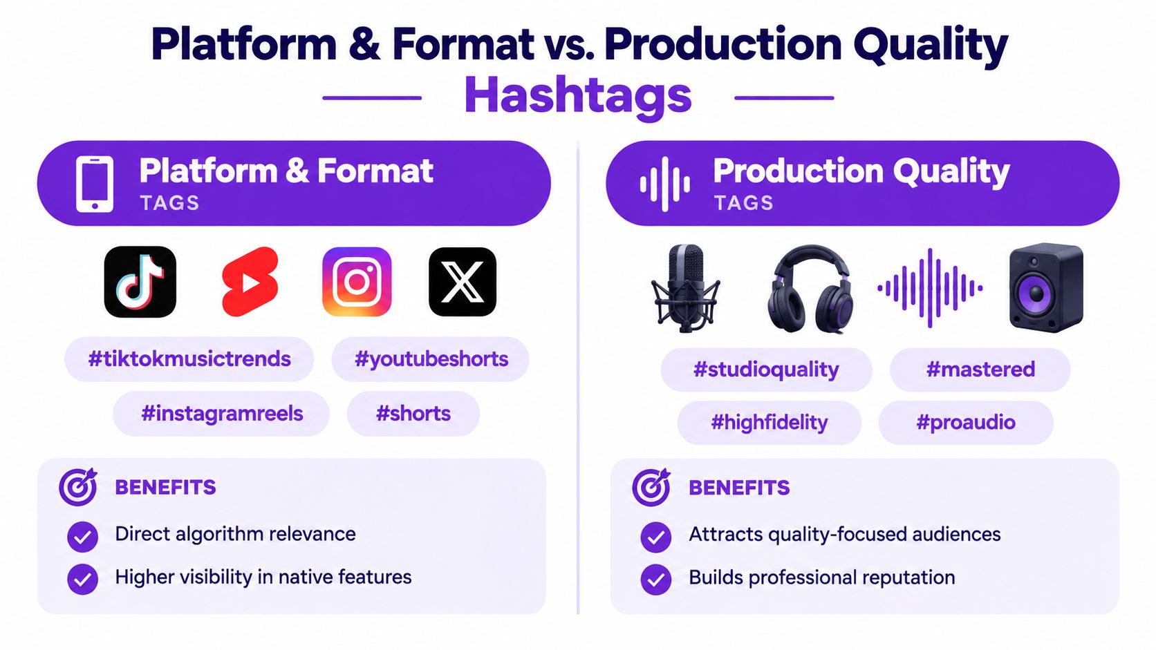 An infographic showing two categories of hashtags for music content: platform-specific tags and production quality tags.