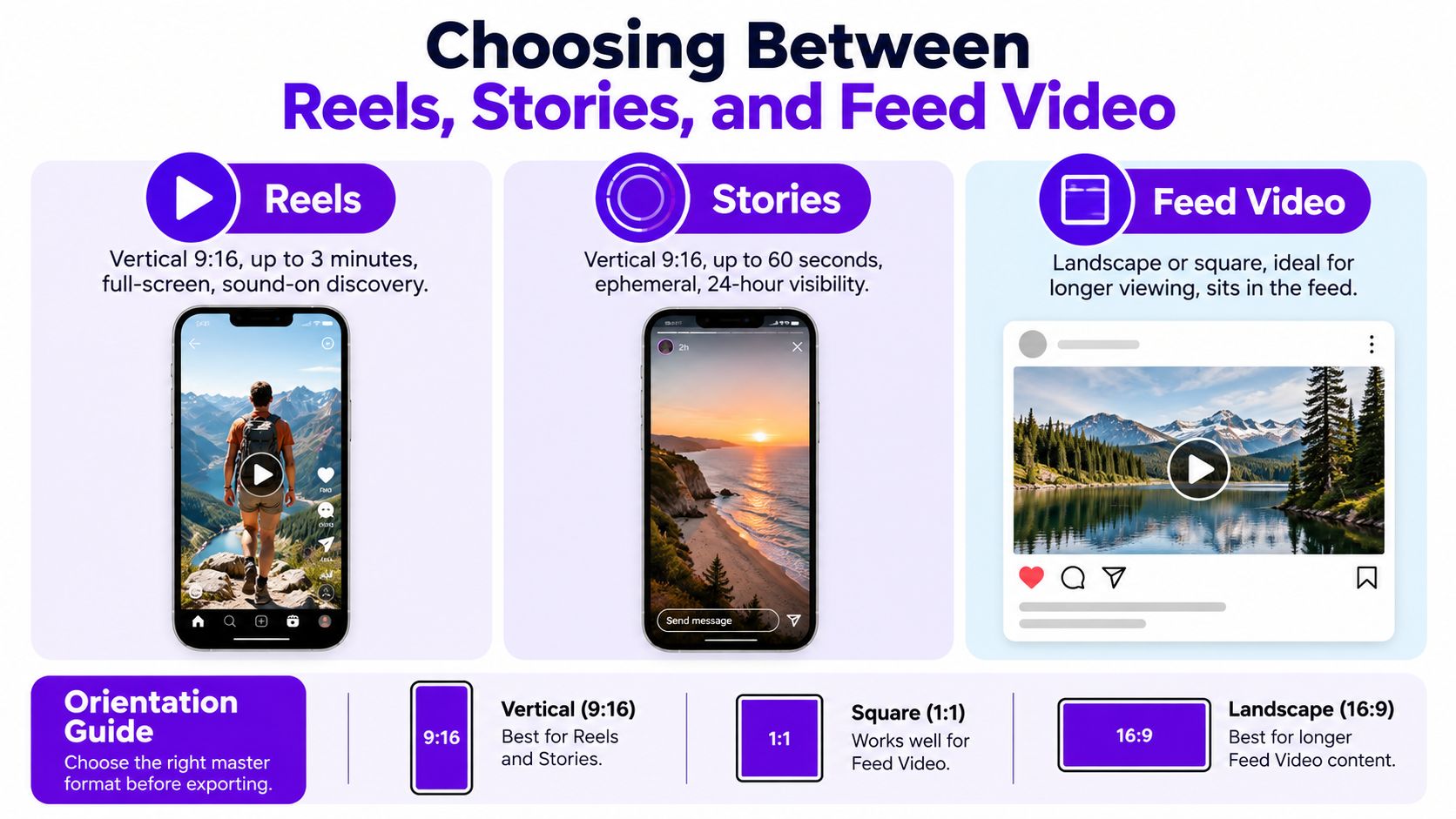 An infographic illustrating the differences between Reels, Stories, and Feed video formats for social media marketing.