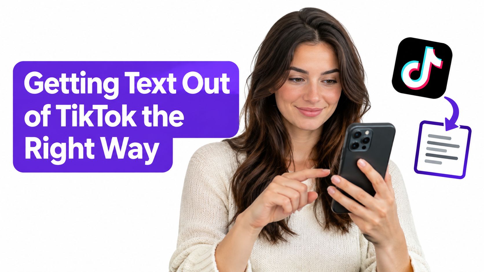 A woman using her smartphone, illustrating a guide about extracting text from TikTok videos efficiently.