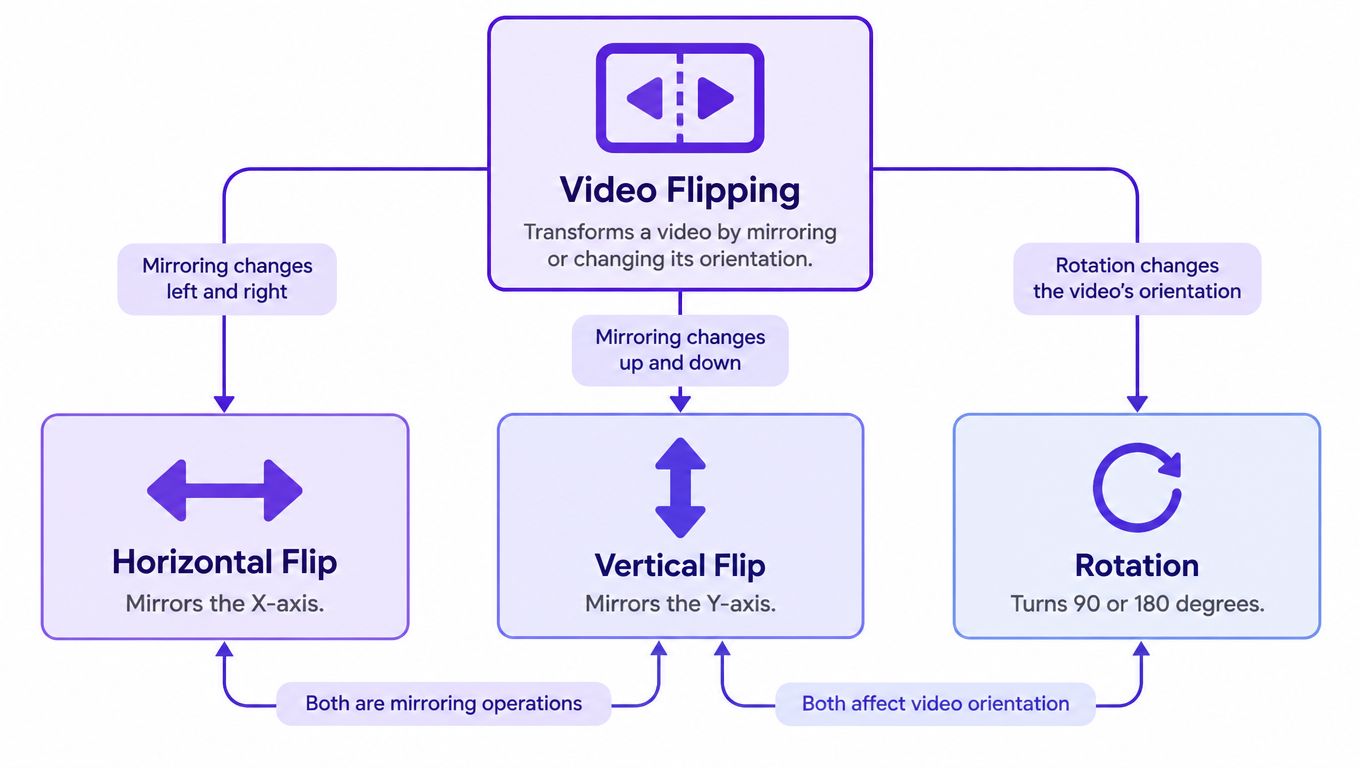 A diagram explaining the differences between horizontal flip, vertical flip, and video rotation for editing videos.