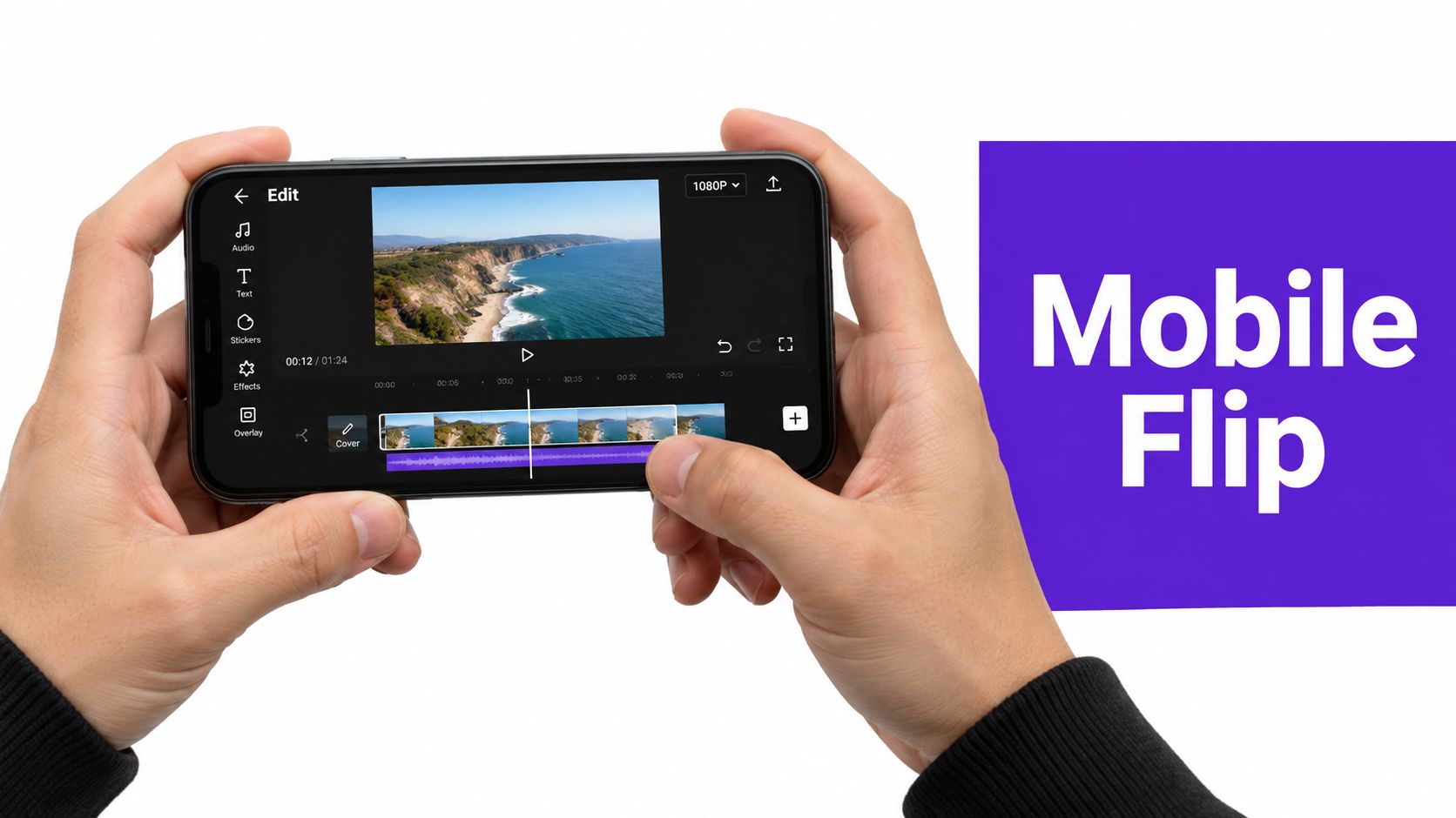 A person holding a smartphone horizontally while editing a video clip using a mobile video editing app.