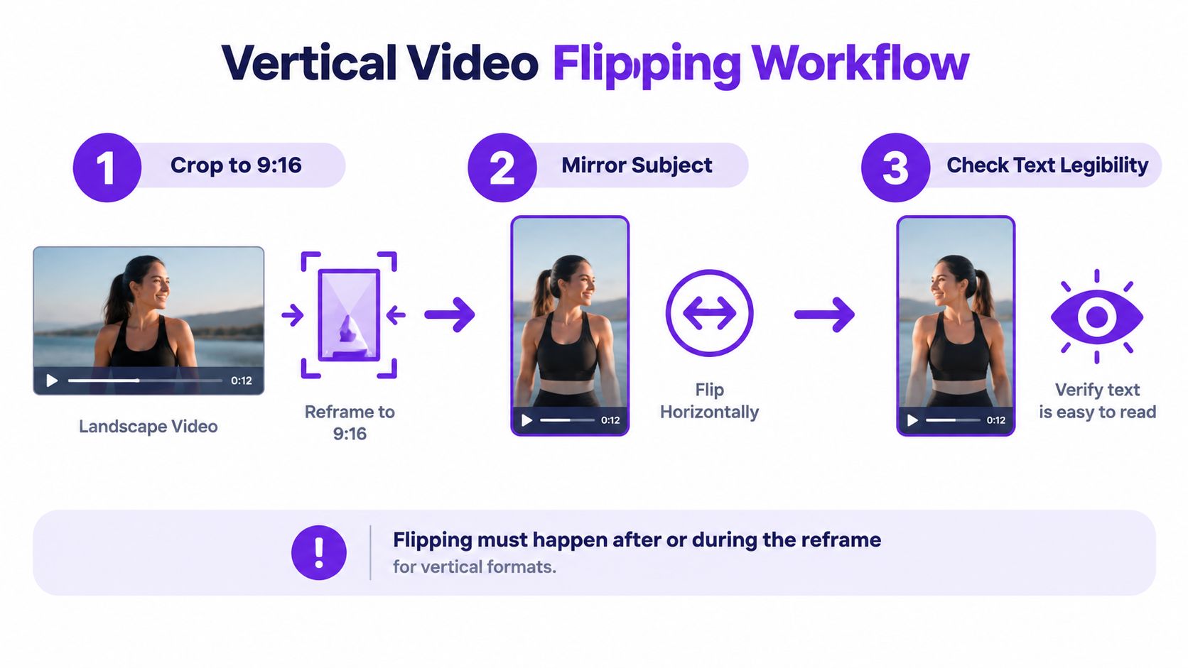 An infographic showing a three-step workflow for cropping and flipping landscape videos into vertical formats.