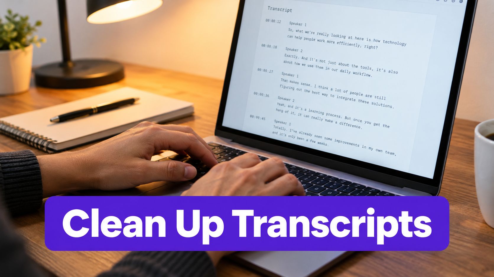 A person typing on a laptop displaying a transcript document with a clean workspace in the background.