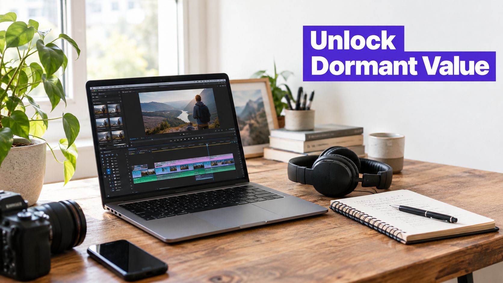 A modern workspace with a laptop displaying video editing software, a camera, headphones, and a notebook.