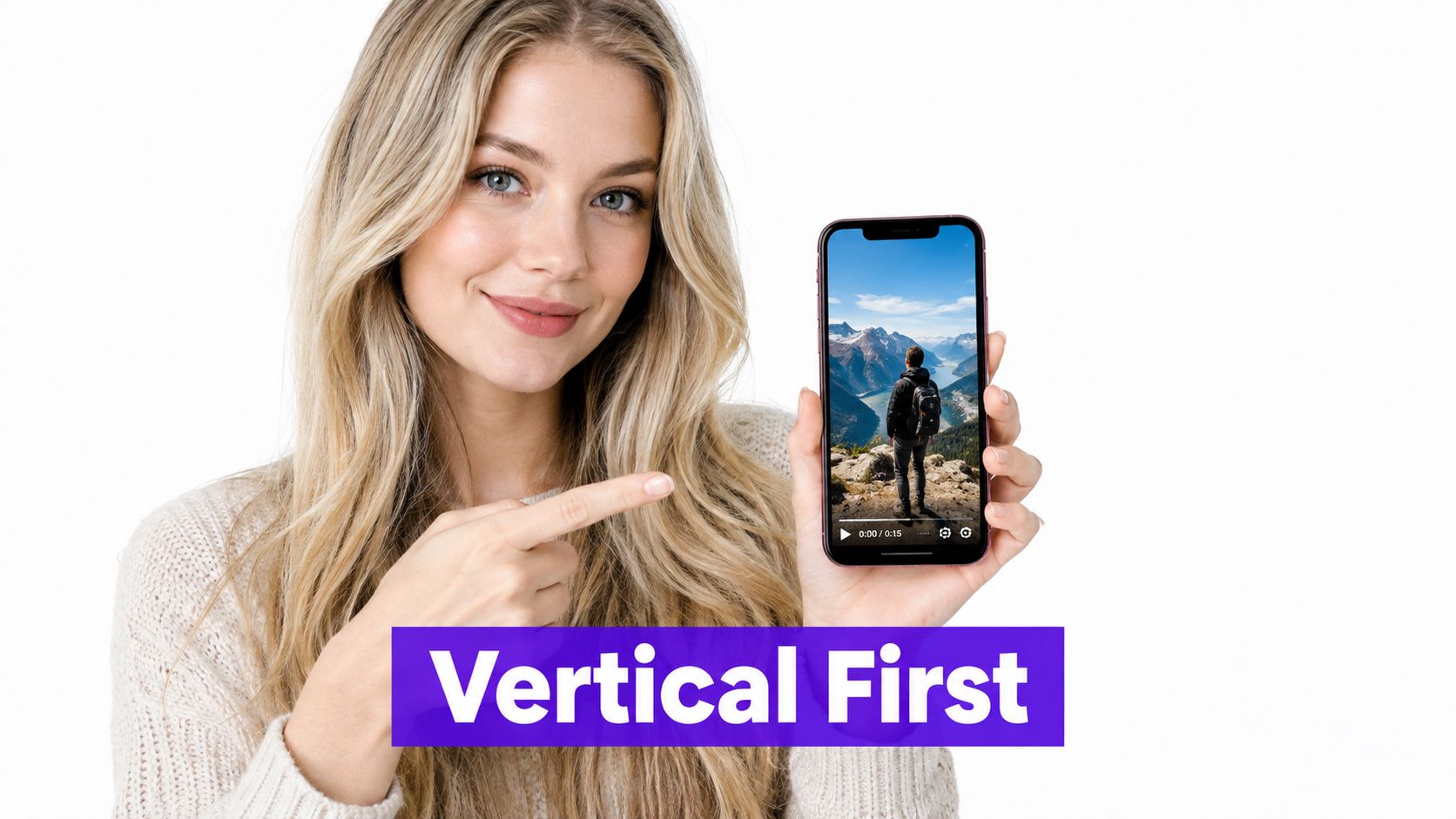 A smiling young woman points to a smartphone displaying a vertical travel video on screen.