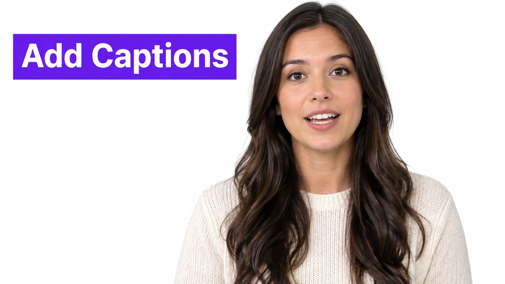 A young woman speaking to the camera with a purple text overlay reading Add Captions.