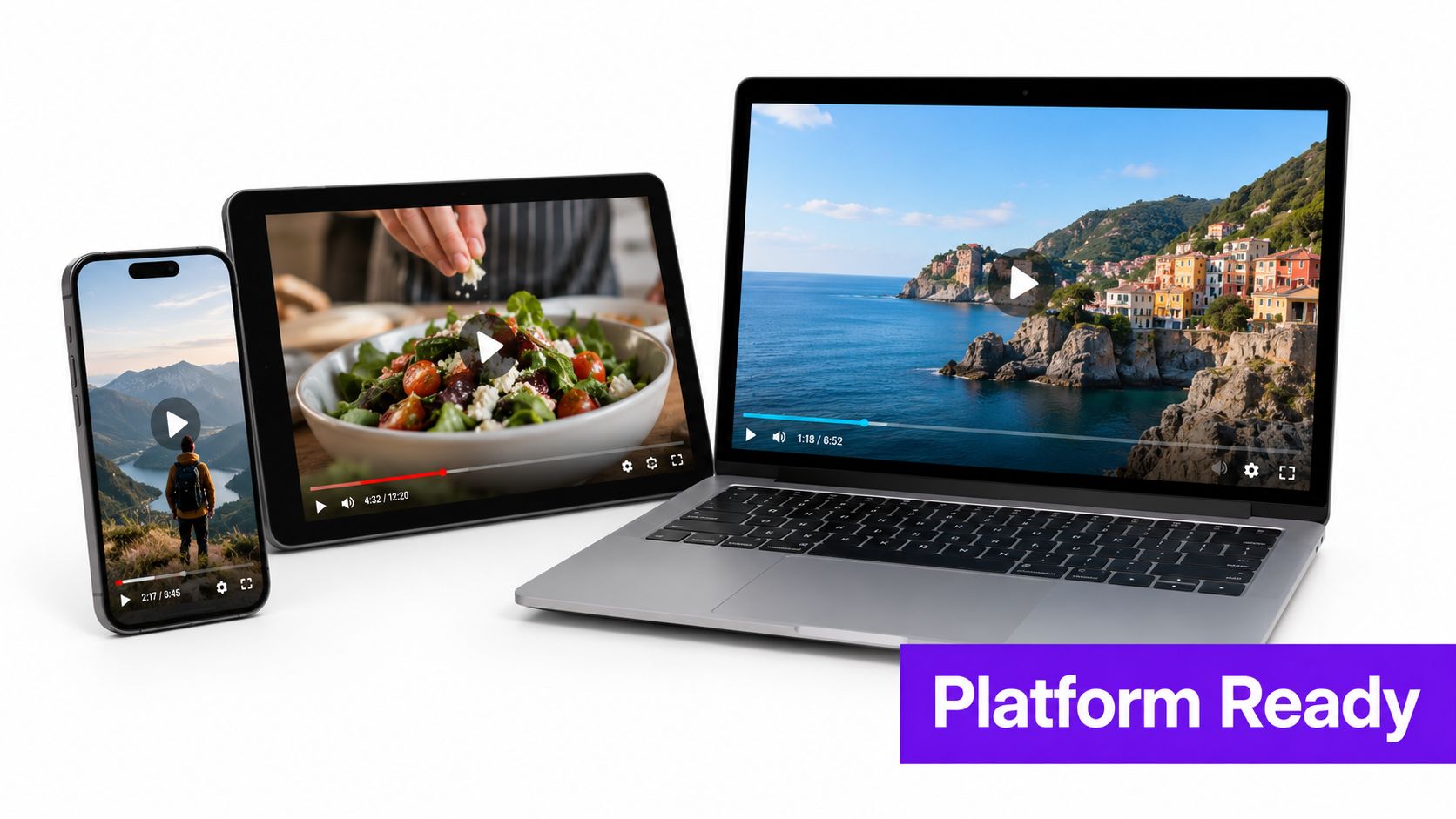 A smartphone, tablet, and laptop displaying video content on screens, demonstrating cross-platform accessibility for digital media.