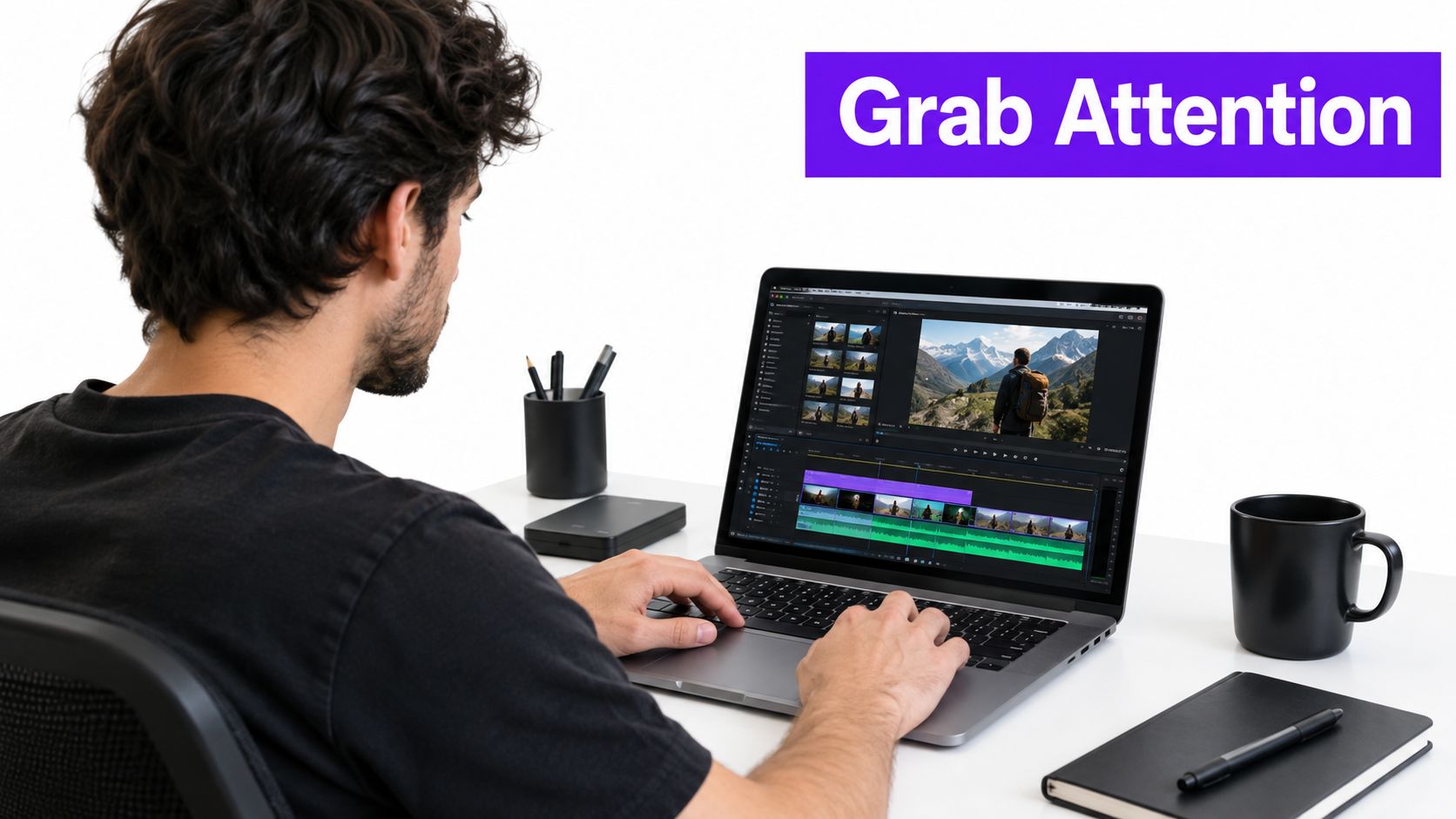A creative professional editing video footage on a high-end laptop at a clean, modern desk.