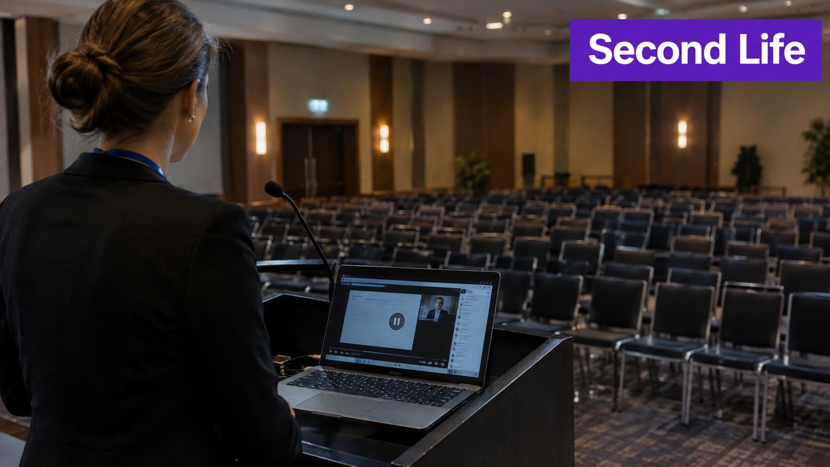 A businesswoman stands at a podium giving a presentation to an empty modern conference hall auditorium.