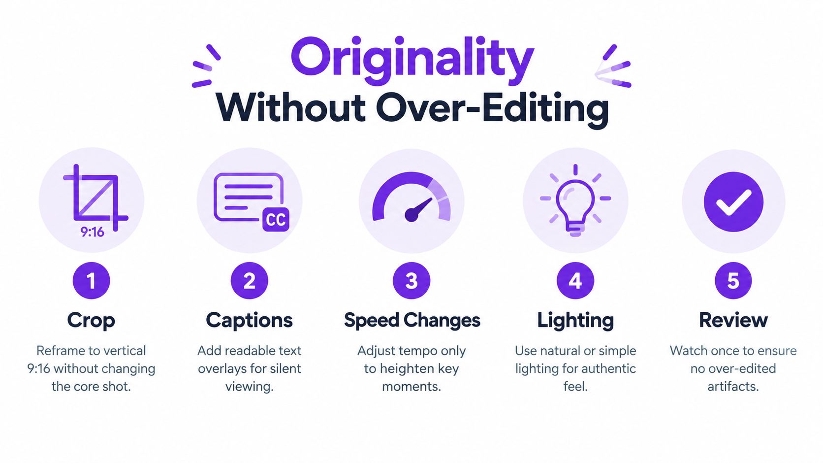 A five-step guide on creating original YouTube Shorts by editing videos without excessive visual effects or over-editing.