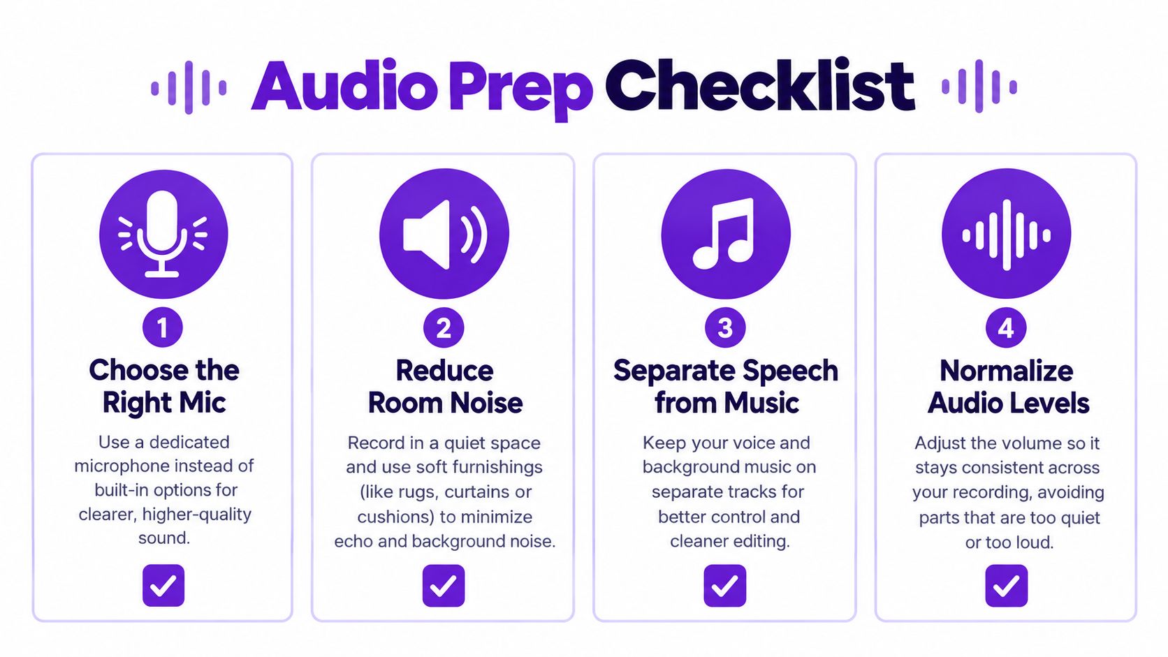 An infographic checklist for audio preparation with four steps to improve video sound quality for creators.
