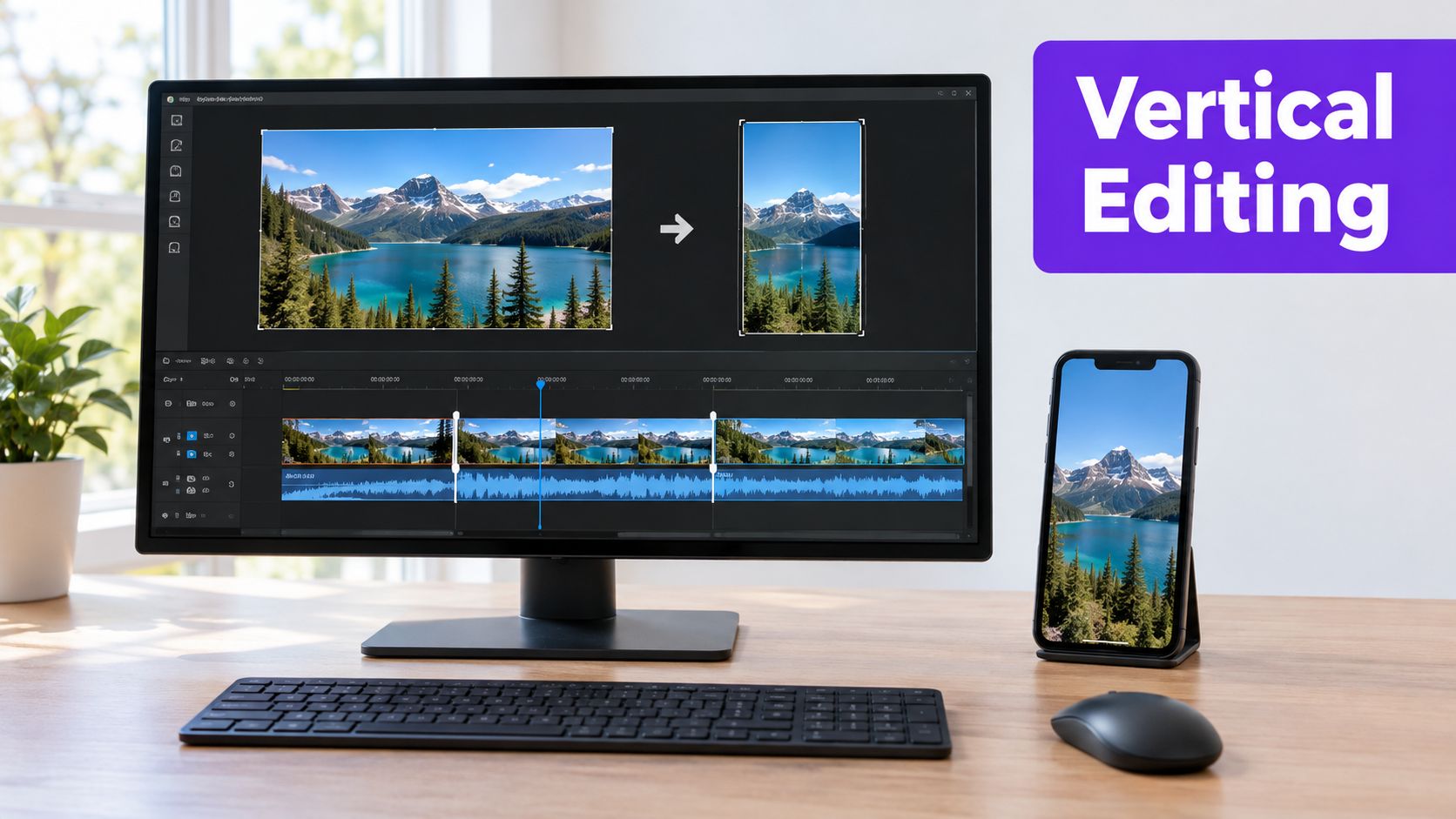 A professional video editing workspace displaying horizontal and vertical format editing software on a computer monitor.