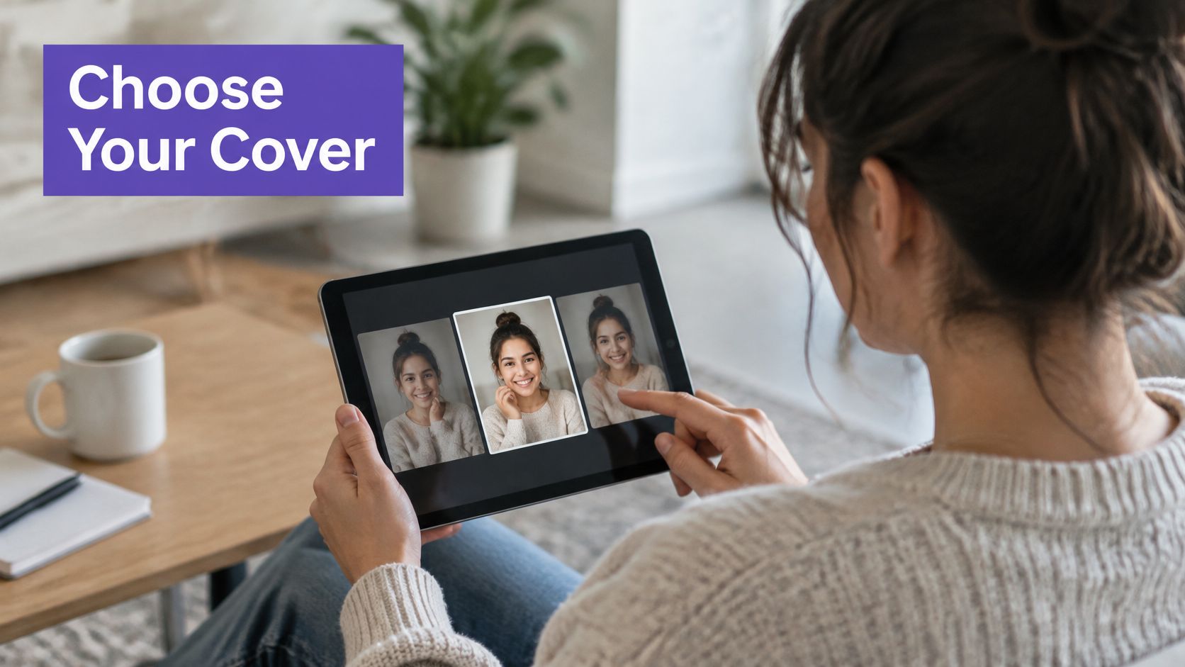 A woman holding a tablet and choosing a cover photo for her social media profile.