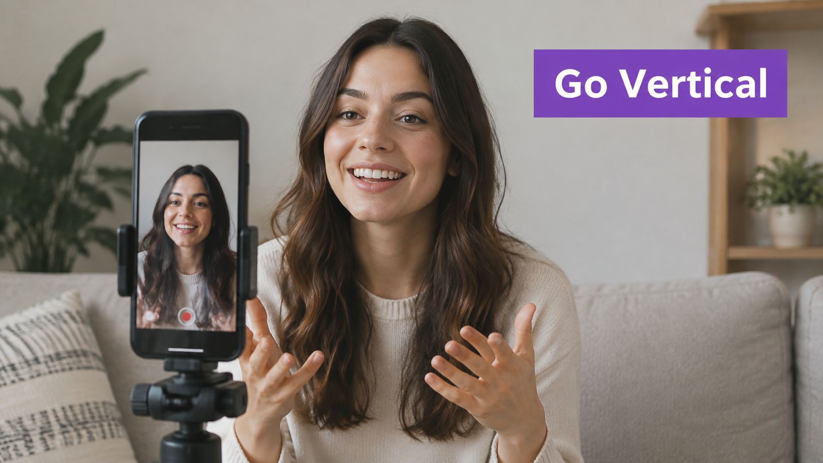 A young woman recording a vertical video for social media on a smartphone mounted on a tripod.