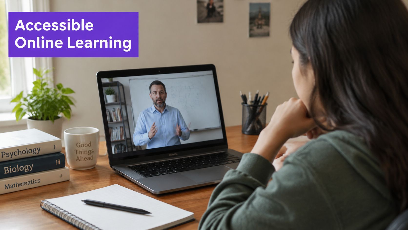 A student attending an online class on a laptop with a teacher visible on the screen.