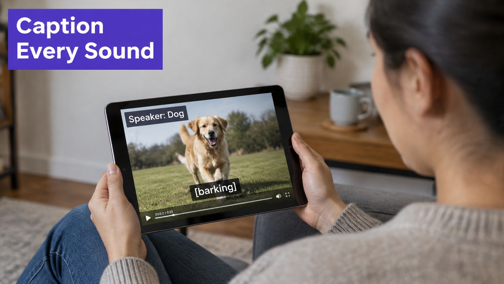 A person holding a tablet showing a video of a golden retriever dog with closed captions displayed.