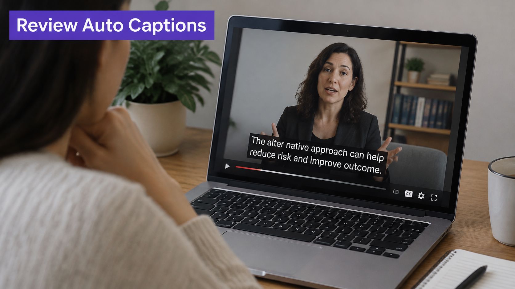 A person watching a professional online video on a laptop that displays incorrect auto-generated captions.
