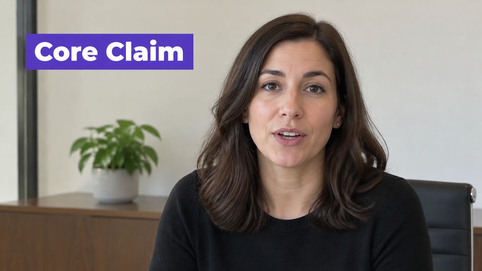A professional woman speaking directly to the camera with a Core Claim graphic displayed on screen.