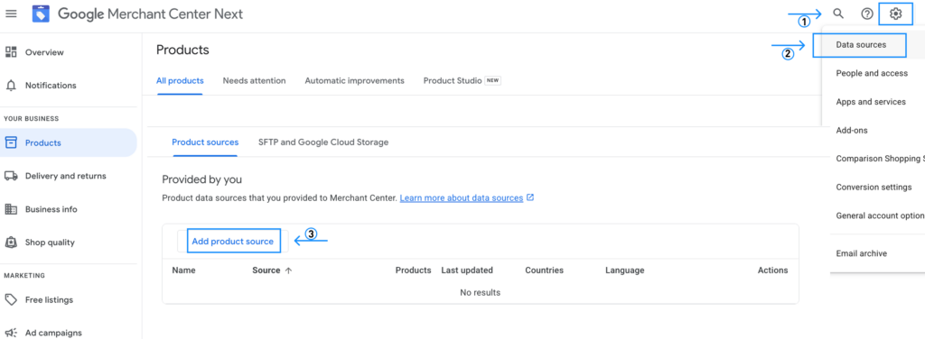 Add product source to Merchant Center
