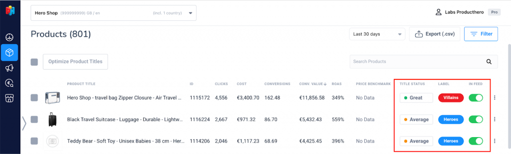 The interface of PH Platform showing products with short titles