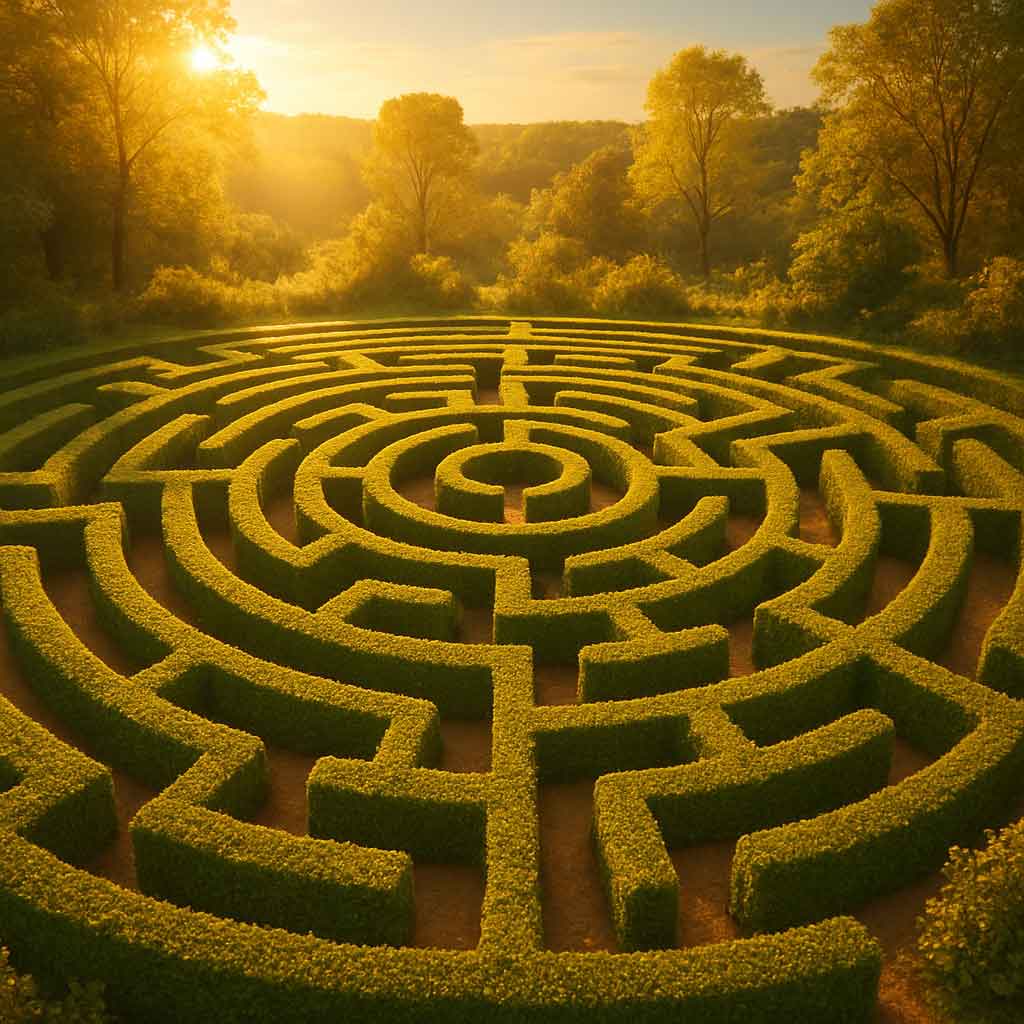 Hedge labyrinth at sunset