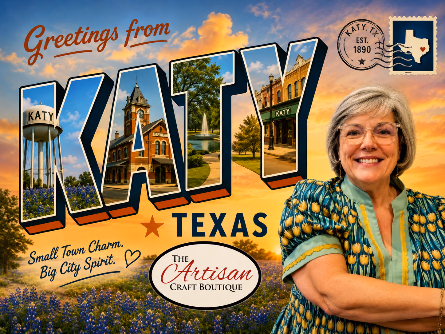 Display of colorful handcrafted glass art including lamps, plates, butterflies, and Texas shapes at Katyfarm Workshop.