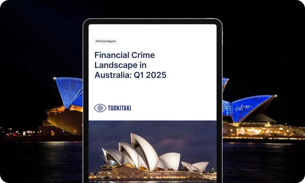 Cover of Tookitaki's Financial Crime Landscape in Australia Q1 2025 report, displayed on a tablet with the Sydney Opera House in the background