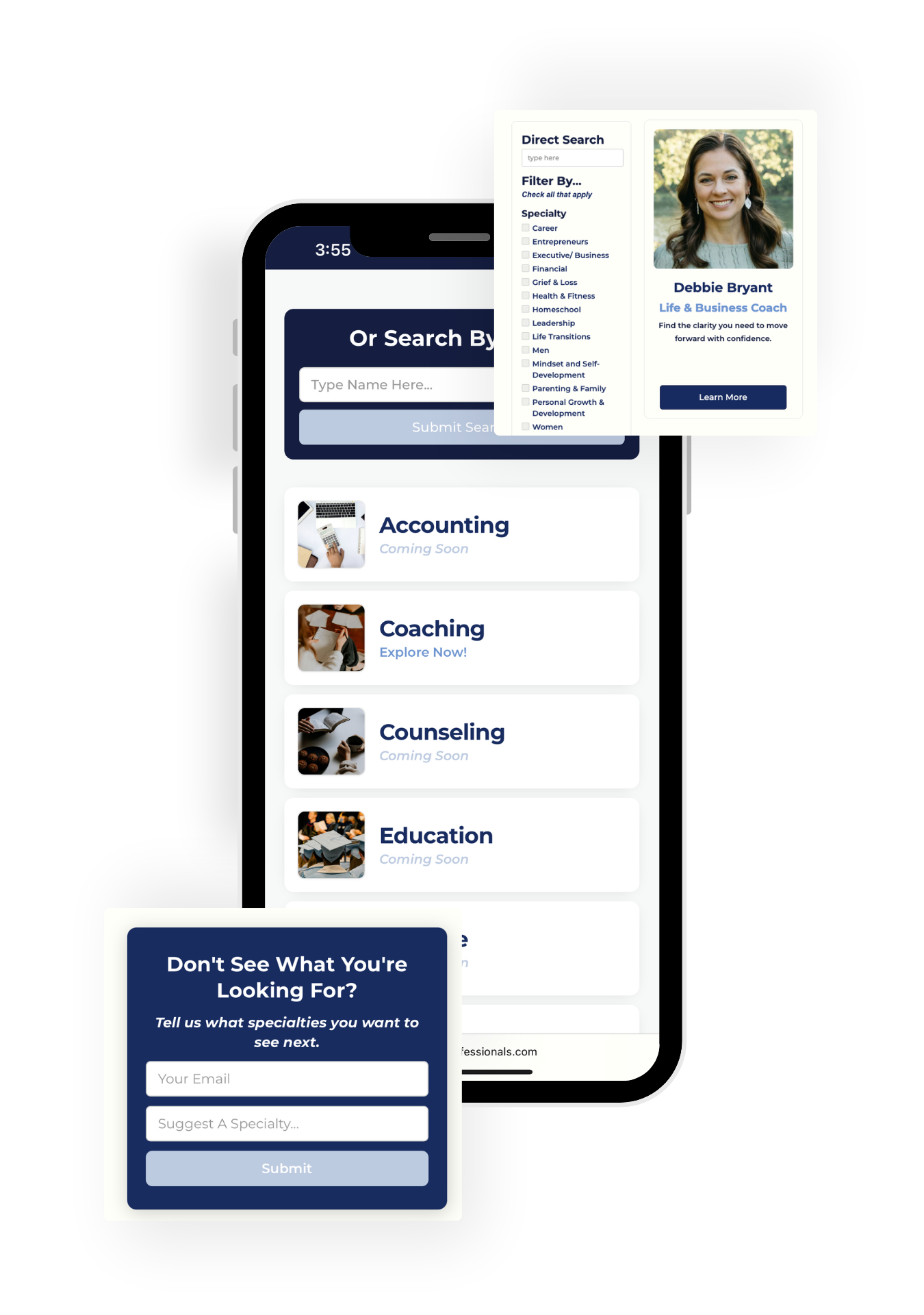 Mobile screen showing a specialty search app with filters, a coach profile, and a suggestion form.