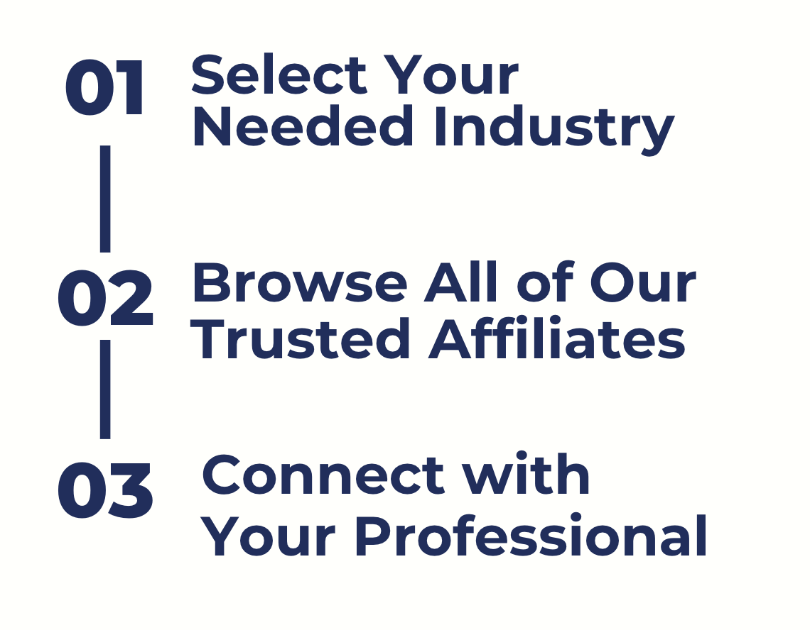 Steps: 01 Select Your Needed Industry, 02 Browse Trusted Affiliates, 03 Connect with Your Professional.