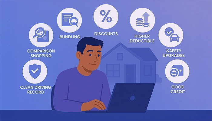 Illustration of a driver reviewing seven ways to reduce car insurance premiums with labeled strategy icons