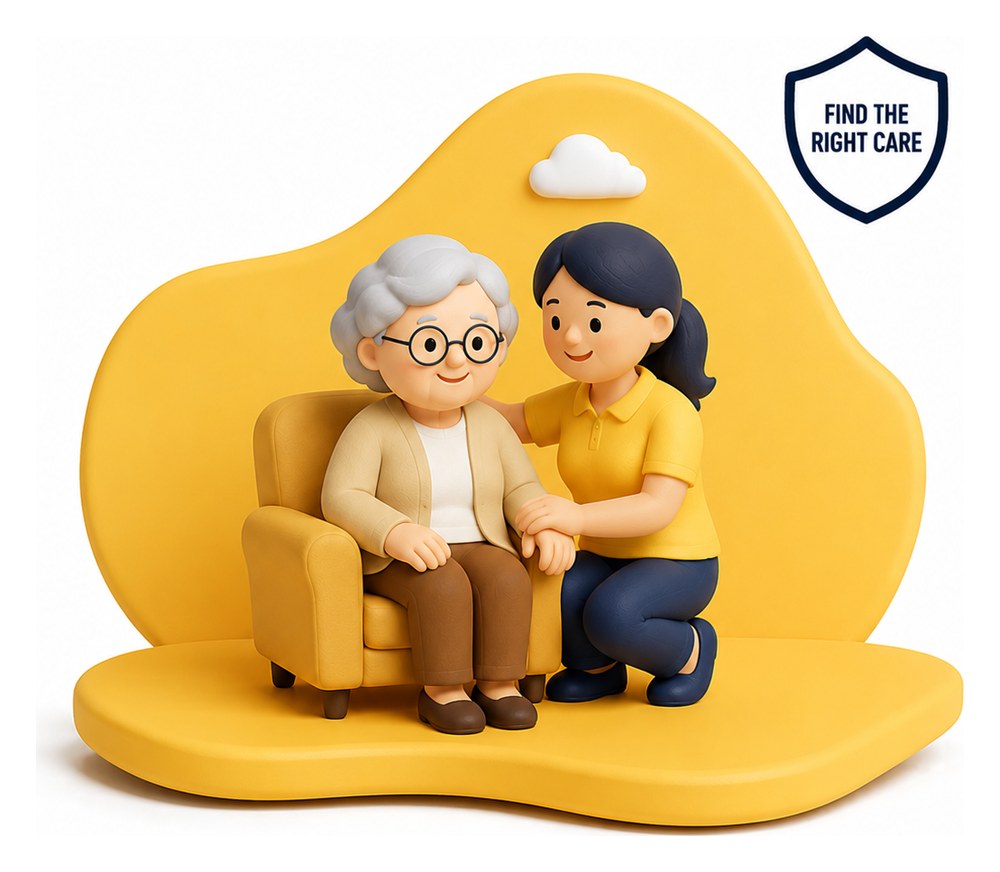 A caregiver kneeling beside a seated older woman — senior care placement help from The Admirals Group in Denton, TX