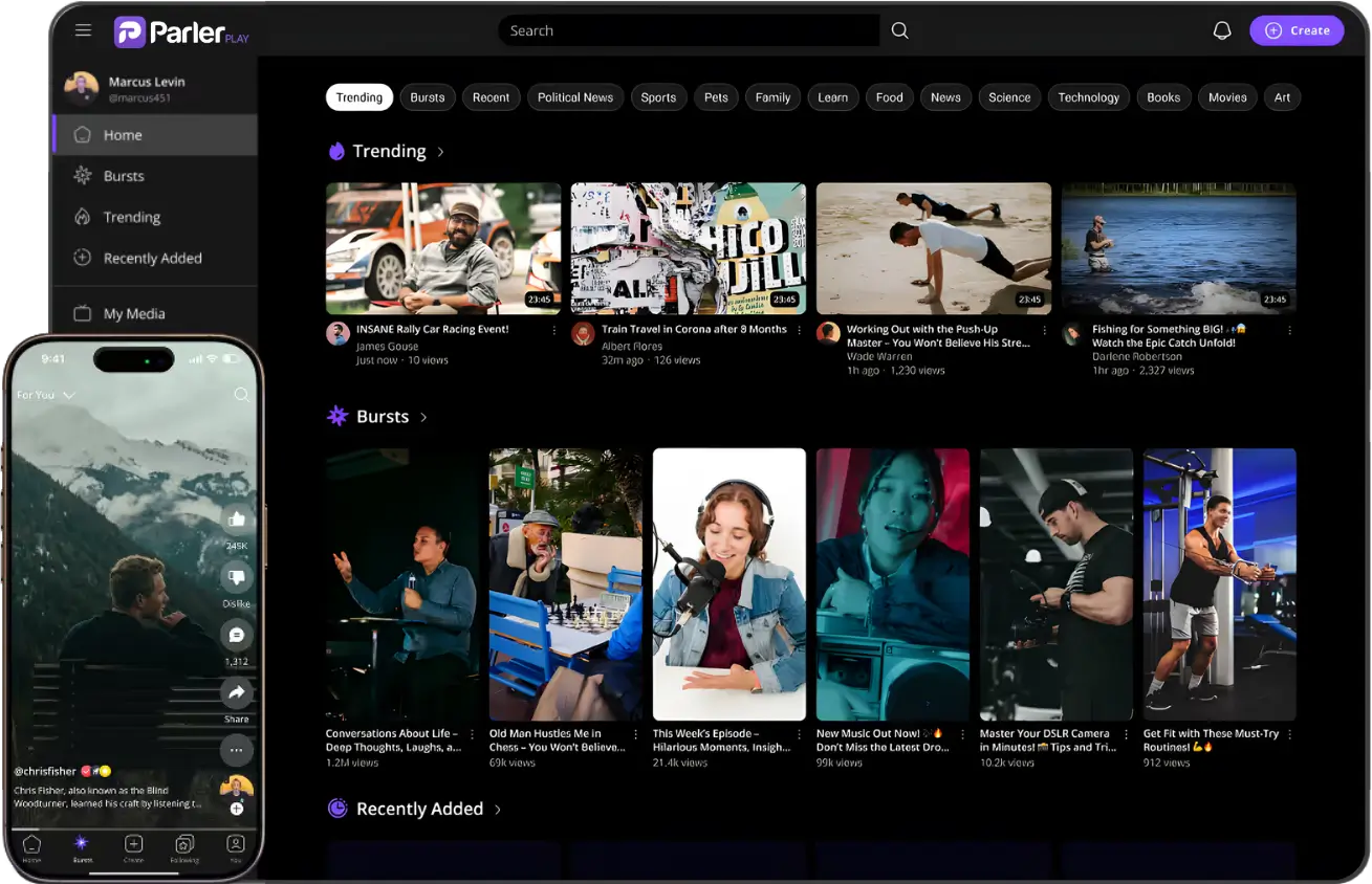 Parler Play social media interface with trending and bursts video thumbnails on a tablet and a social video with mountain background on a smartphone.