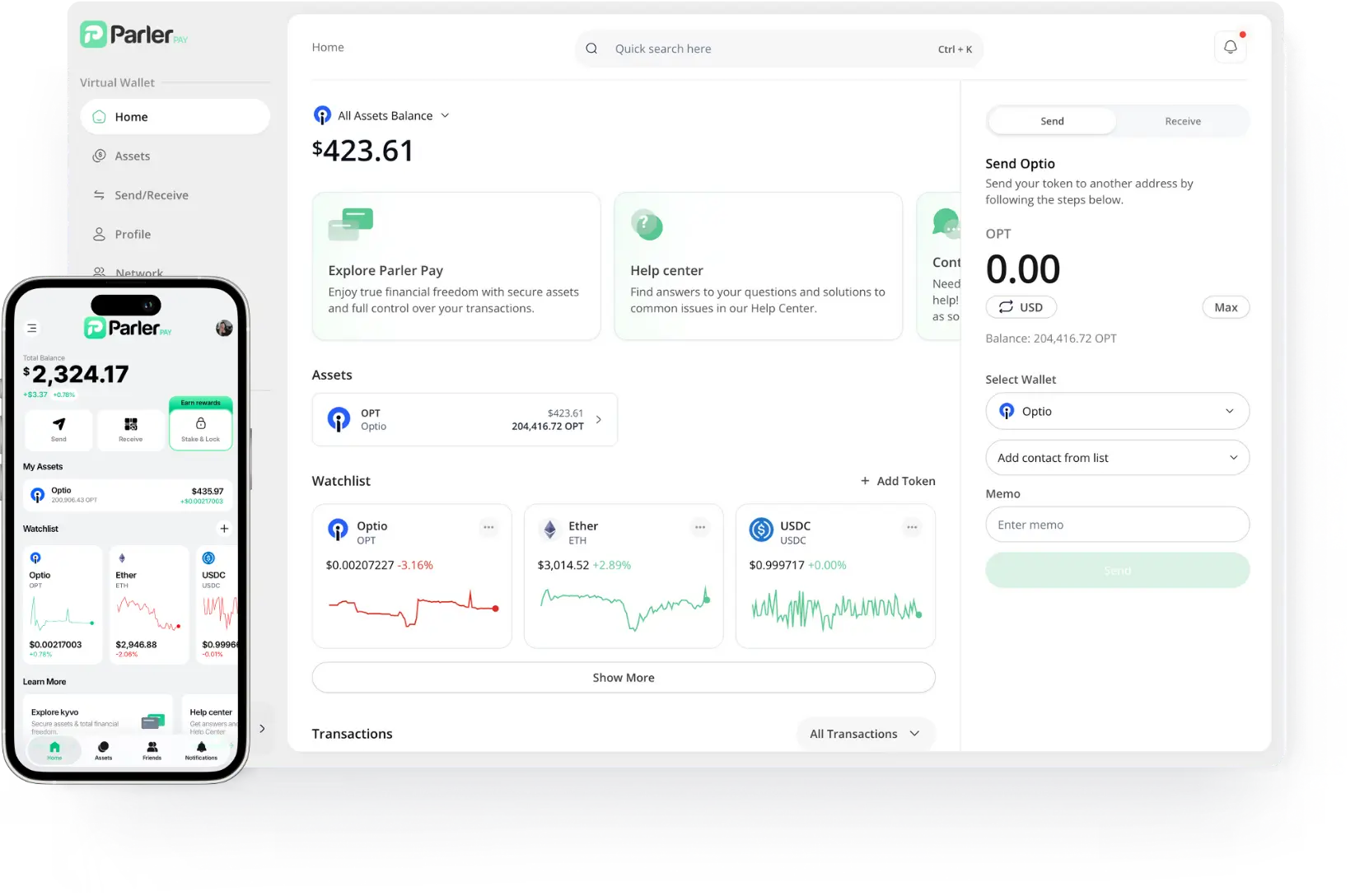 Parler Pay digital wallet interface showing total balance, assets including Optio, Ether, and USDC, with options to send, receive, stake, and manage tokens on desktop and mobile screens.