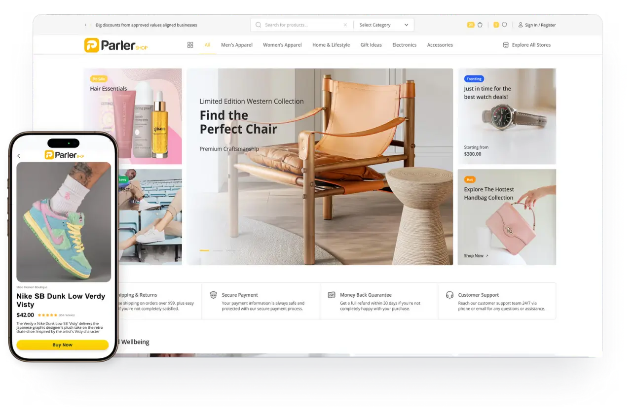 Online store website showing categories like Men’s Apparel and Electronics with featured products including a wooden chair, wristwatch, handbag, hair essentials, and a mobile view of Nike SB Dunk Low Verdy Visty sneakers priced $42.