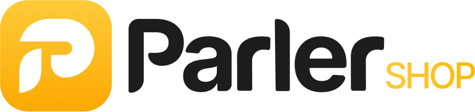 Parler Shop logo with a stylized white 'P' on a yellow square background next to the text 'Parler' in white and 'SHOP' in yellow.