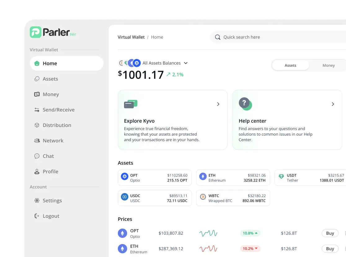 Kyvo digital wallet dashboard displaying total balance of $1001.17 with asset details for OPT, USDC, ETH, and WBTC cryptocurrencies, navigation menu on the left.